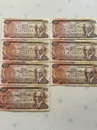 Canada $100 Dollars bank notes 7 1975 J.W.Crow/G.K.Bouey 