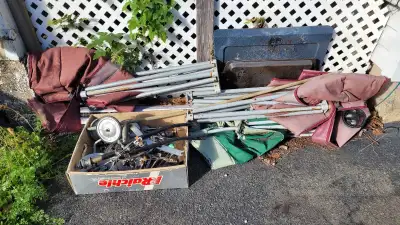 Some old heaters, a length of copper pipe, steel bike parts, camp chairs. 16 Governors lake drive.