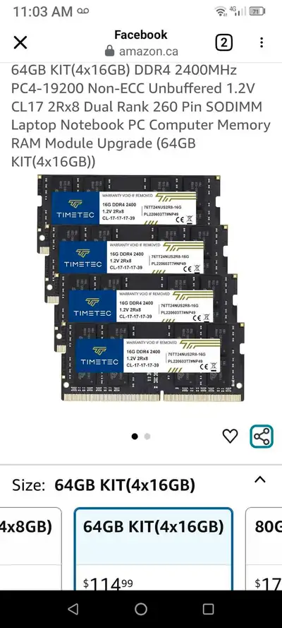 Selling NEW Timetec 64GB (4x16GB) DDR4 2400MHz SODIMM laptop memory kit, This PC4-19200 RAM is non-E...