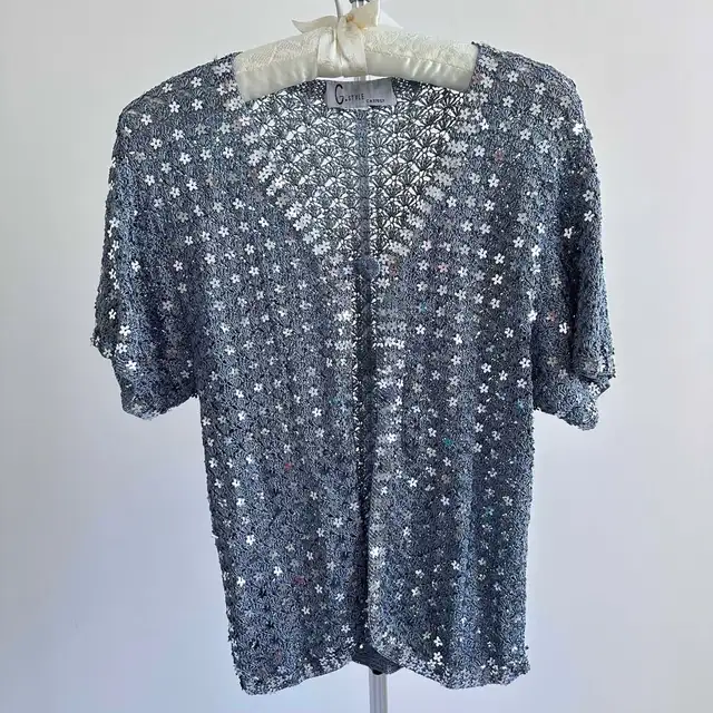 Blue Boho Knitted Floral Sequin Crochet Top, Size S