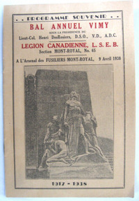 PROGRAMME SOUVENIR BAL ANNUEL VIMY / LEGION CANADIENNE. c.1938