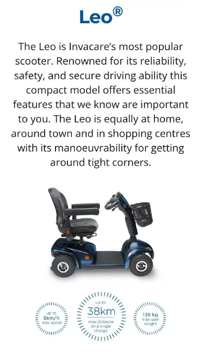 Invacare Leo scooter, bought for my dad and he is not interested in using it. Scooter is red, great...