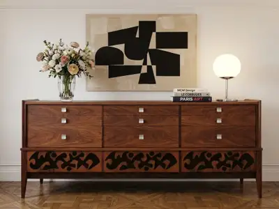 Refinished mid-century walnut credenza, sideboard, dresser , View more