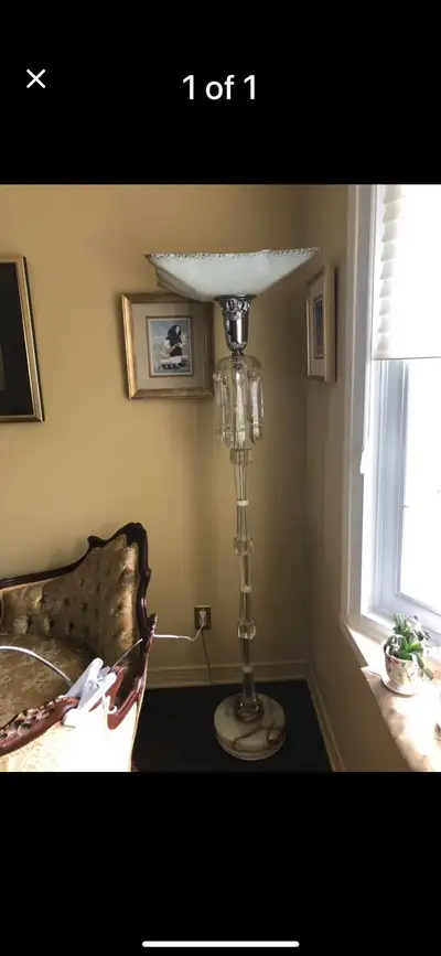 Vintage art deco crystal and marble floor lamp, View more