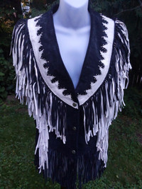 Women's black & white, leather & suede fringe biker vest