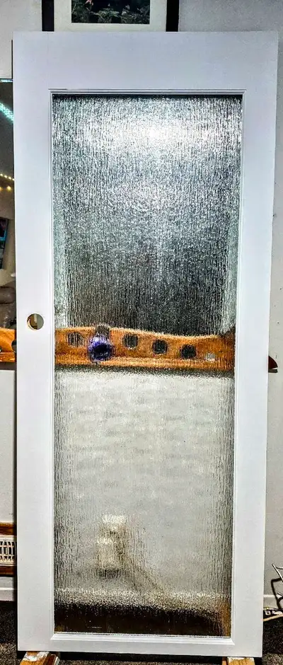 Vintage french tempered rain glass interior door solid maple wooden frame heavy no door knob,like ne...