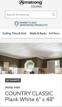 Ceiling tiles, Armstrong white Country Classic Plank 6” x 48” 