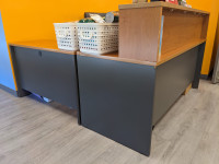 Wood and Dark Grey L-Shape Corner Reception Desk with Shelf