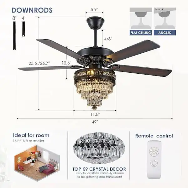 52 in. Indoor Crystal Chandelier Black Ceiling Fan Fandelier wit in Indoor Lighting & Fans in Markham / York Region - Image 5