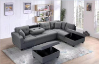New Sectional Sofa with Cup Holder And Ottoman Grey Big Offer
