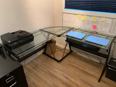 L-Shape glass/metal desk. Can be used as one desk or 2 single desks for kids rooms or office full de...