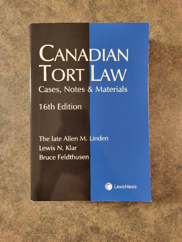 Canadian Tort Law Cases, Notes & Materials 16th Edition Textbook in Textbooks in Kingston