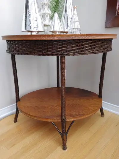 ANTIQUE HEYWOOD WAKEFIELD - SOLID OAK WICKER PARLOR TABLE CIRCA, View more