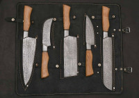 Authentic Damascus Steel Knives set & Real Leather bag 