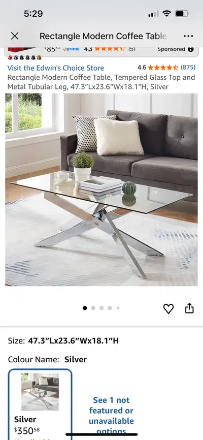 Rectangle Modern Coffee Table, Tempered Glass Top and Metal Tubu, View more