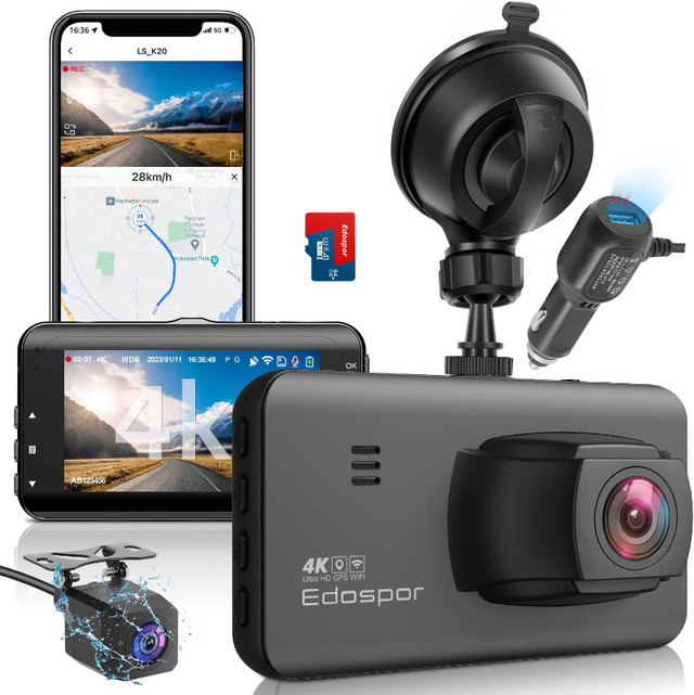 Edospor 4K Dash Cam Front and Rear Built in WiFi GPS Dash Camera in Cameras & Camcorders in City of Toronto