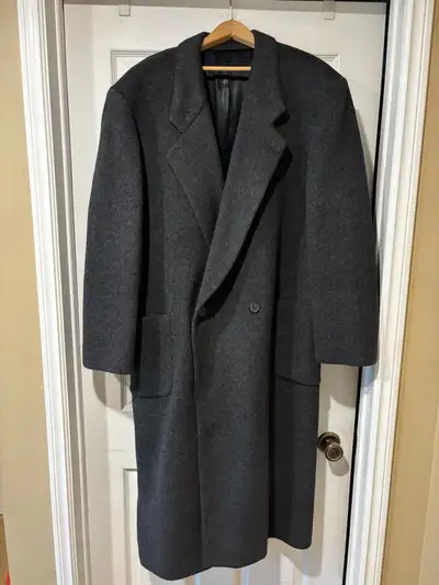 I'm selling a used Saks Fifth Avenue Perry Ellis grey wool overcoat, perfect for staying warm and st...