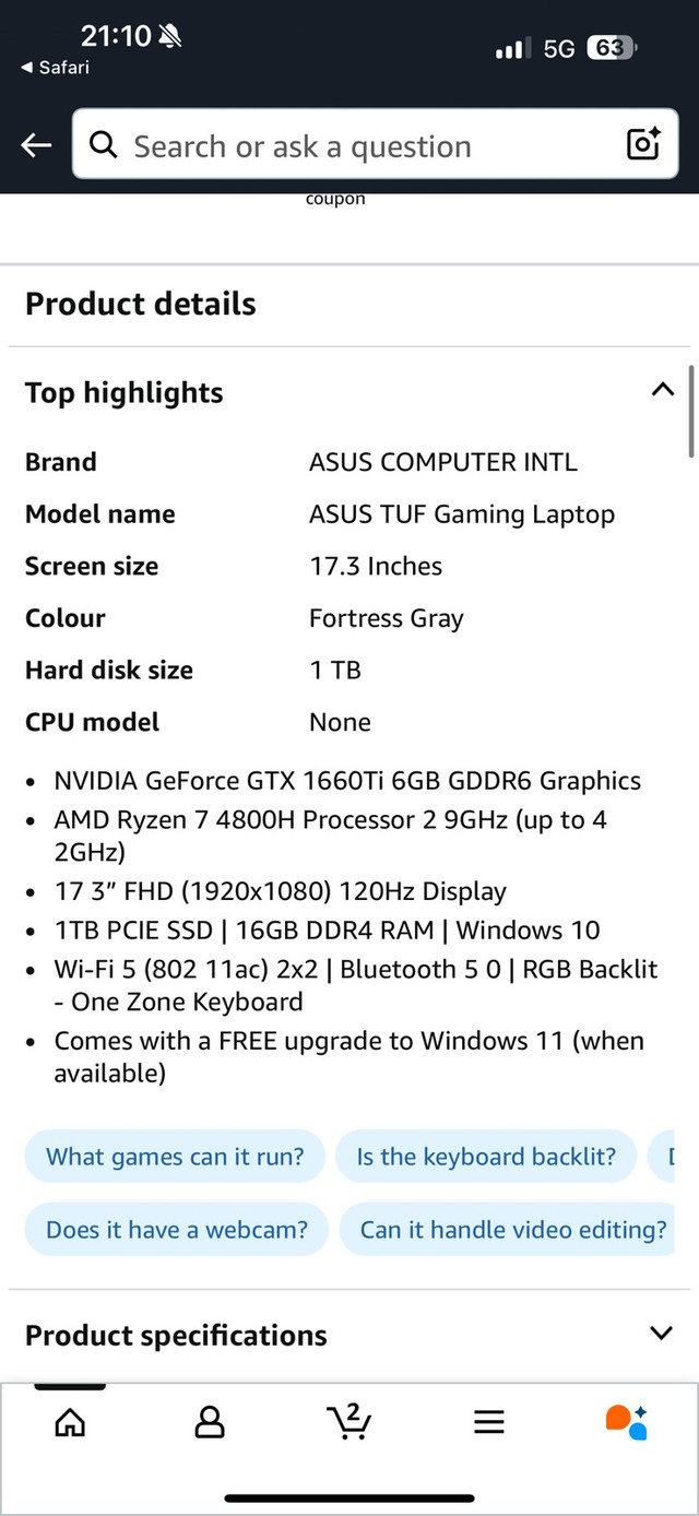 Asus Tuf A17 gaming laptop in Laptops in Markham / York Region - Image 2