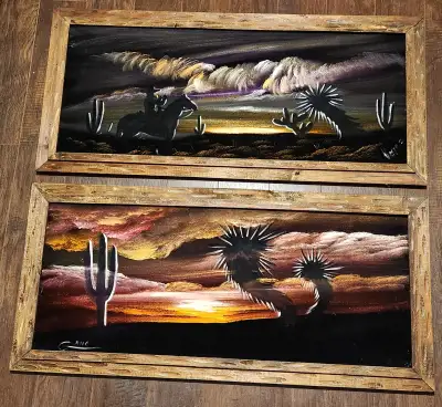 Vintage Signed Western Theme Velvet Paintings, Large, View more