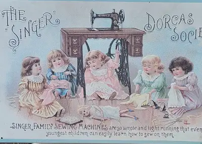 Vintage-style Singer Sewing Machine embossed metal sign featuring adorable children sewing beneath a...