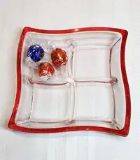 Divided glass dish with red rim