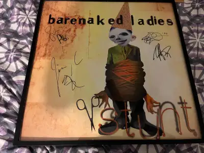 18 x 18" This piece contains the autographs of the band members framed in glass.