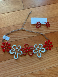 Red and White Flower Necklace and Earing Set
