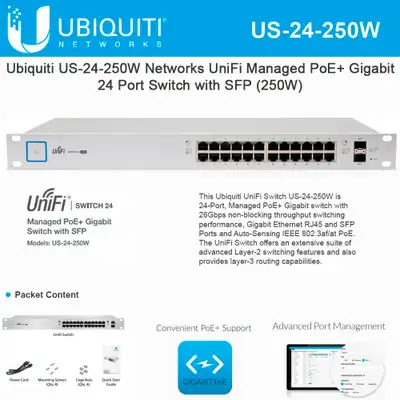 UBIQUITI UNIFI 24 POE MANAGED SWITCH 24-250W (250W) Perfect condition in its original box • 24 Gigab...