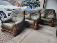 SOLID OAK ALL LEATHER SOFA SET, MADE IN GERMANY