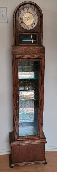 Vintage Free Standing Floor Clock Solid Wood & Glass Cabinet