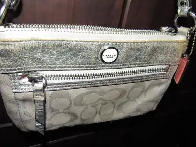Silver/Beige Glitter COACH small hand bag 8 X 5 " inch, View more