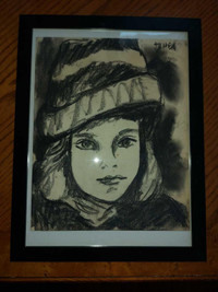 Coal drawing on paper painting - portrait of a child signed Tehe