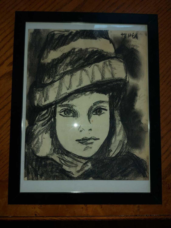 Coal drawing on paper painting - portrait of a child signed Tehe dans Art et objets de collection  à Ouest de l’Île