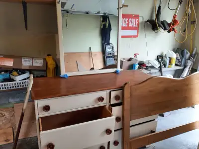 Double Dresser with Mirror, Chest of Drawers, Double Headboard and a night table in fair condition....