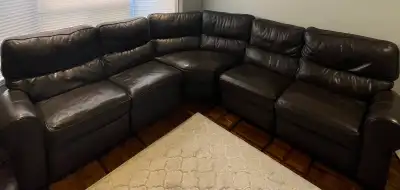 Brown Leather Sectional with Recliners – Good Condition, View more