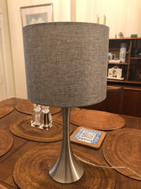 Brushed Aluminum Lamp With Grey Textured Short Shade