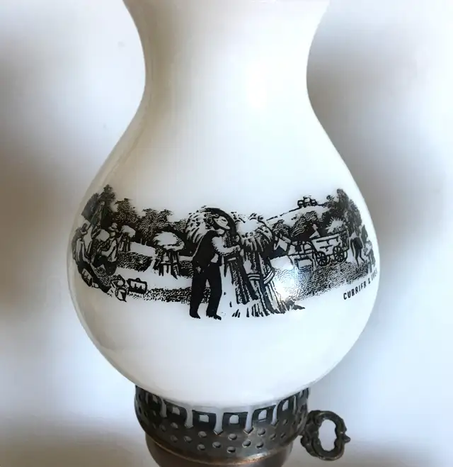 Vintage Currier & Ives Milk Glass And Wood 18" Tall Table Lamps in Indoor Lighting & Fans in Markham / York Region - Image 5