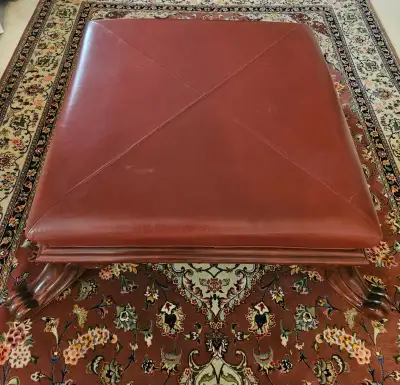 LARGE STUNNING VTG ITALIAN RED LEATHER FOOTSTOOL OTTOMAN, View more
