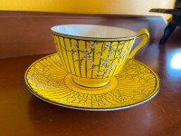 Vintage Crown Staffordshire Yellow & Black Teacup & Saucer