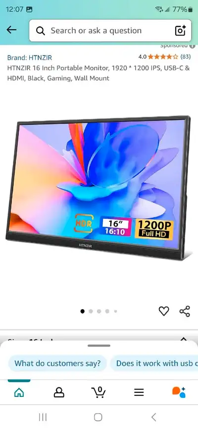 New HTNZIR 16 Inch Portable Monitor, 1920 * 1200 IPS, USB-C & HDMI, Black, Gaming