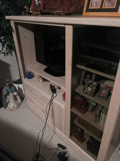 Beige solid wood TV stand with shelves, View more