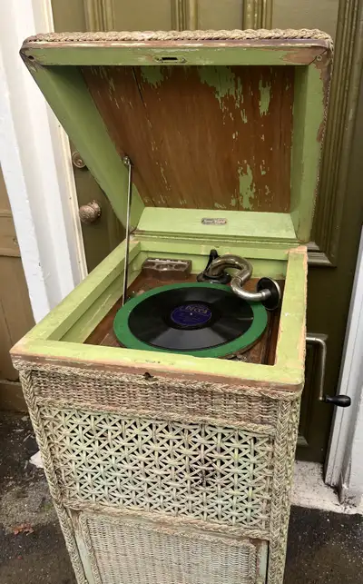 Rare 1920s antique wicker phonograph made by the Heywood Wakefield company. They were the biggest an...