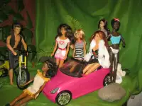 Barbie Car 5 Barbie 1 Ken Hot Pink and cycle yellow in black of