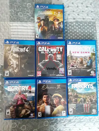 6 jeux de PS4 en excellente condition. Je vends le lot complet. Shenmue 1 et 2, Fallout 4, , Farcry...