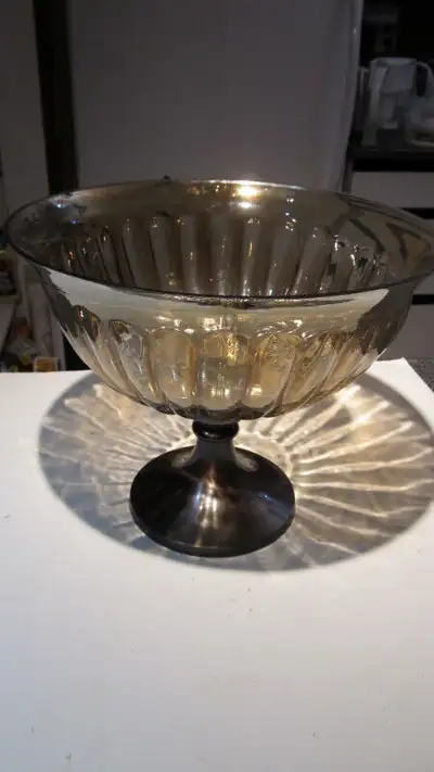 Beautiful brass and smoke glass centrepiece 9"high, 11" wide., View more