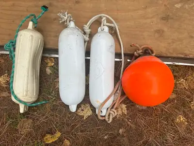 Variety of boat fenders. The two white are inflatable and virtually new. The orange is also inflatab...