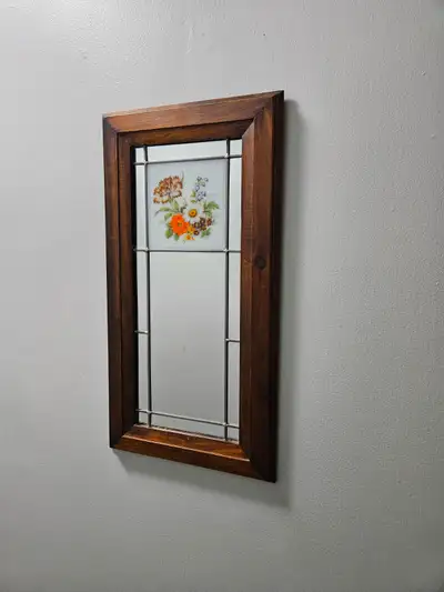 Vintage Wood Framed Wall Mirror with Floral Tile & Leaded Glass, View more