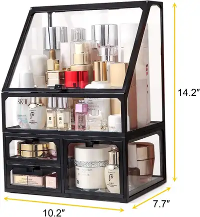 Black Vintage Glass Cosmetic Makeup Organizer 3 Drawers Set Dust Waterproof Cosmetics Storage Displa...