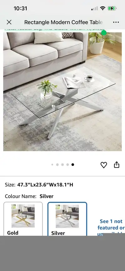 Rectangle Modern Coffee Table, Tempered Glass Top and Metal Tubu, View more