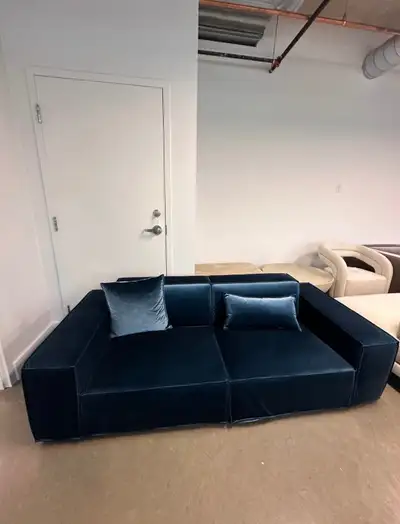 Rove concepts navy blue velvet sofa, View more